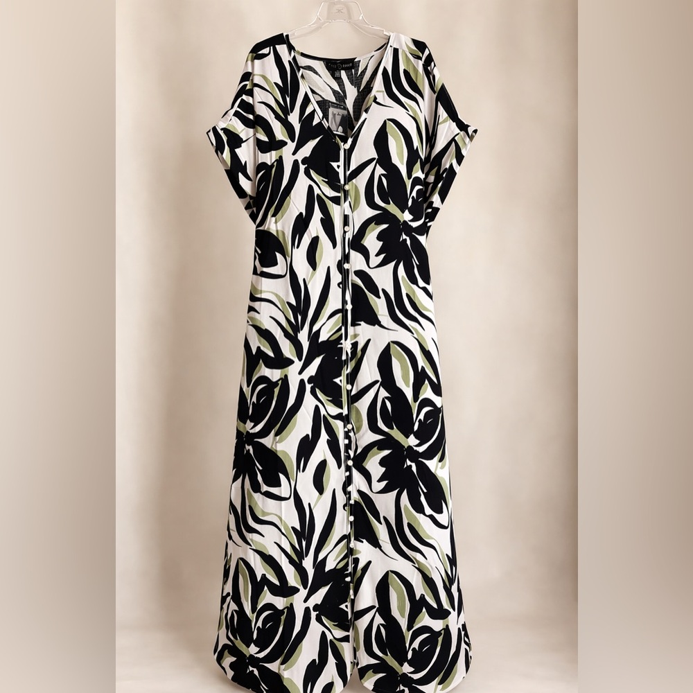 Fred David NWT Black & Olive Leaf Print Button Front Maxi Dress Tie Waist 2XL